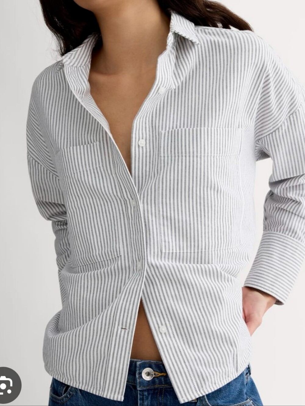 Everlane "Boxy Oxford" grey/white stripe button down shirt Sz (Oversized) S
